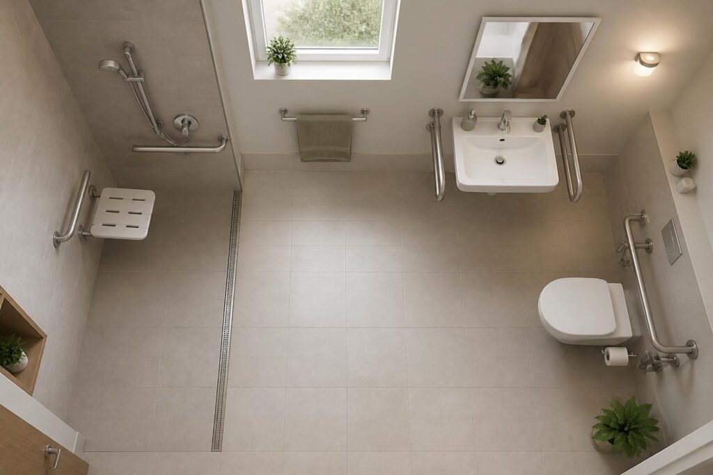 découvrez un plan de salle de bain handicapé conforme aux normes d'accessibilité, conçu pour assurer sécurité, confort et autonomie aux personnes à mobilité réduite.