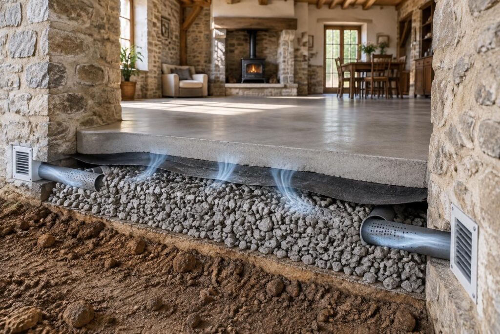 découvrez le hérisson ventilé sous dalle béton : principes, schémas et avantages pour assainir le sol et préserver une maison ancienne de l’humidité.